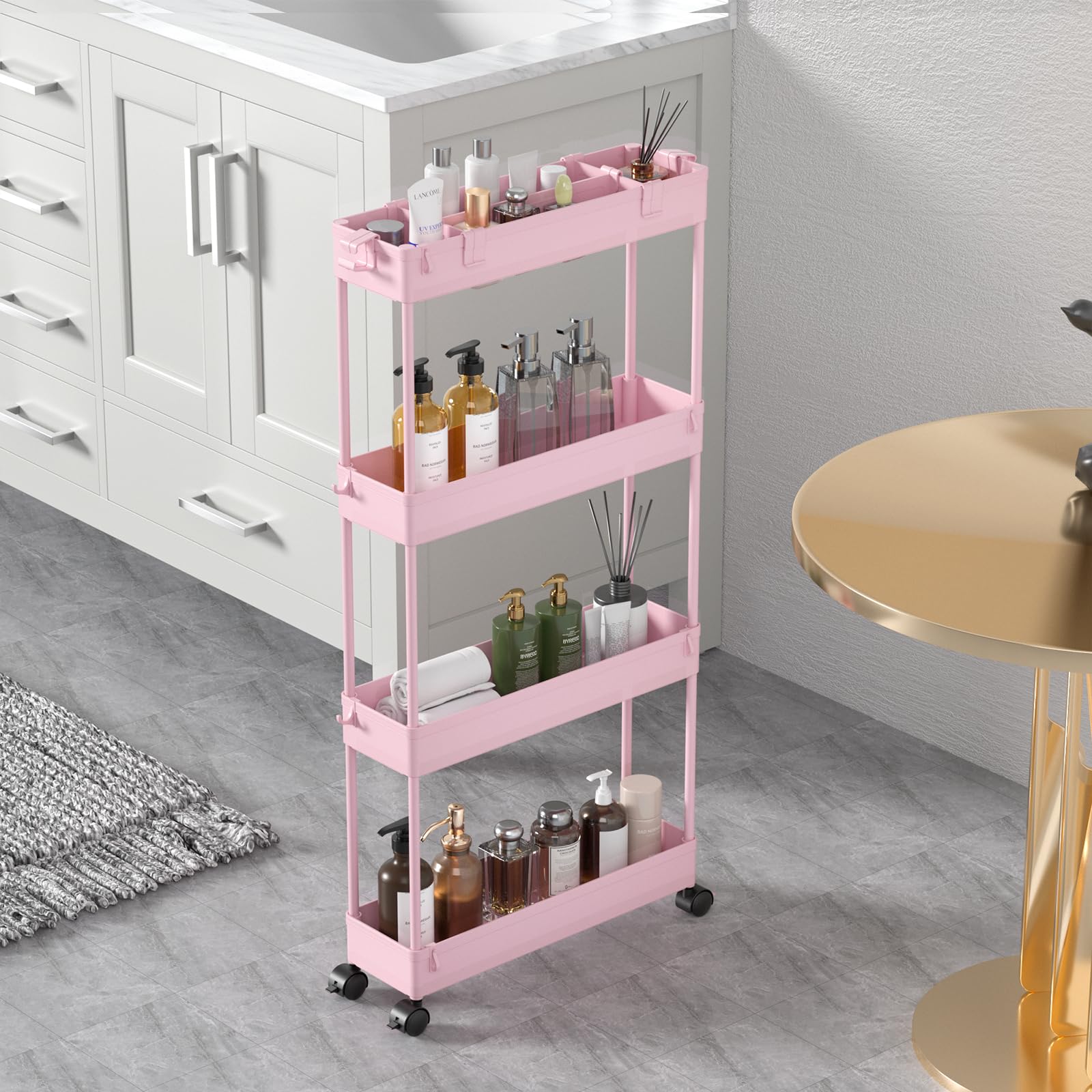 SPACELEAD Slim Storage Cart 4 Tier,Bathroom Organizer Rolling Utility,Mobile Shelving Unit Slide Out for Office, Kitchen, Laundry Room &amp; Narrow Places,Pink