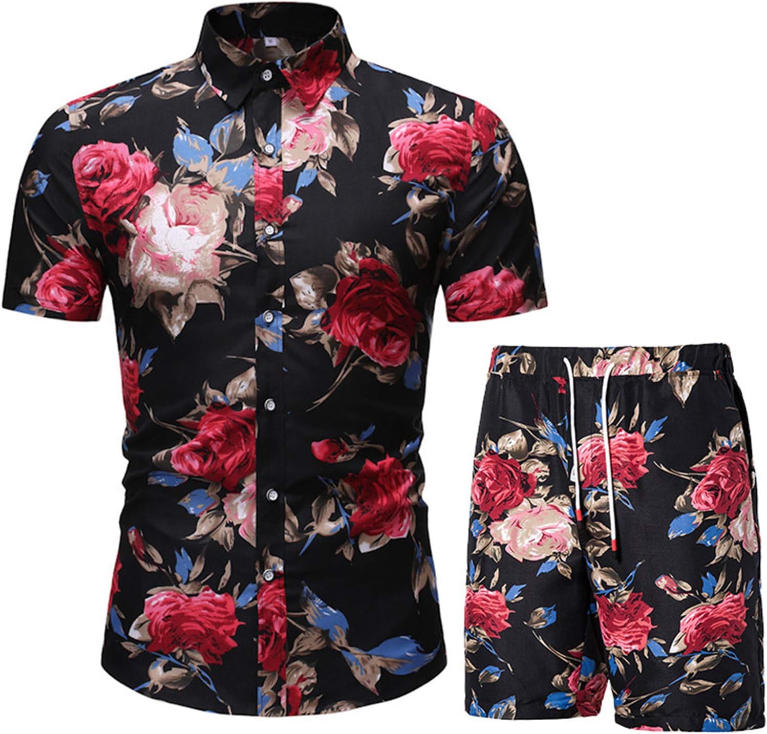 MANTORS Mens Floral Hawaiian Outfits 2 Piece Button Down Short Sleeve Shirt and Shorts Sets