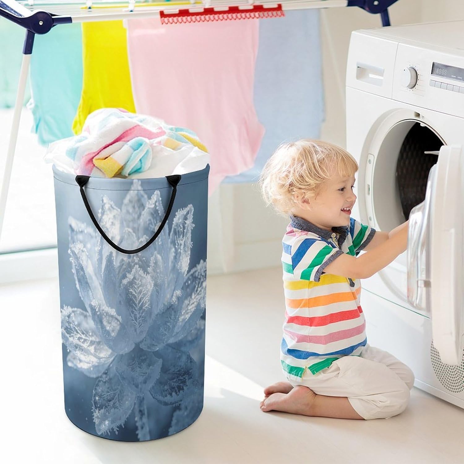 Ice Lotus Laundry Hamper 86L Waterproof Collapsible Clothes Basket with Double Handles Freestanding Foldable Laundry Basket Large Clothes Hamper for Bathroom