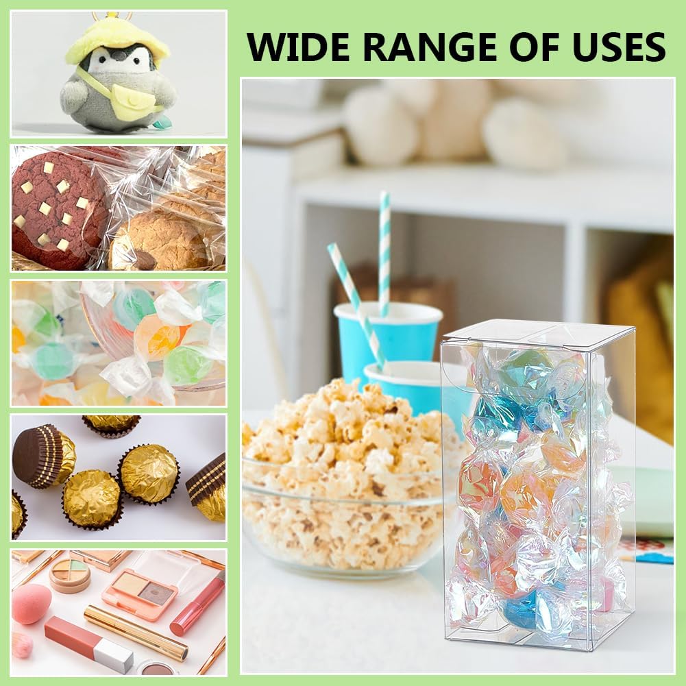BENECREAT 40Pcs Clear Gift Boxes with Film, Rectangle Transparent PVC Favor Boxes 1.5x1.5x3inch for Wedding Party Treat Candy Cupcakes
