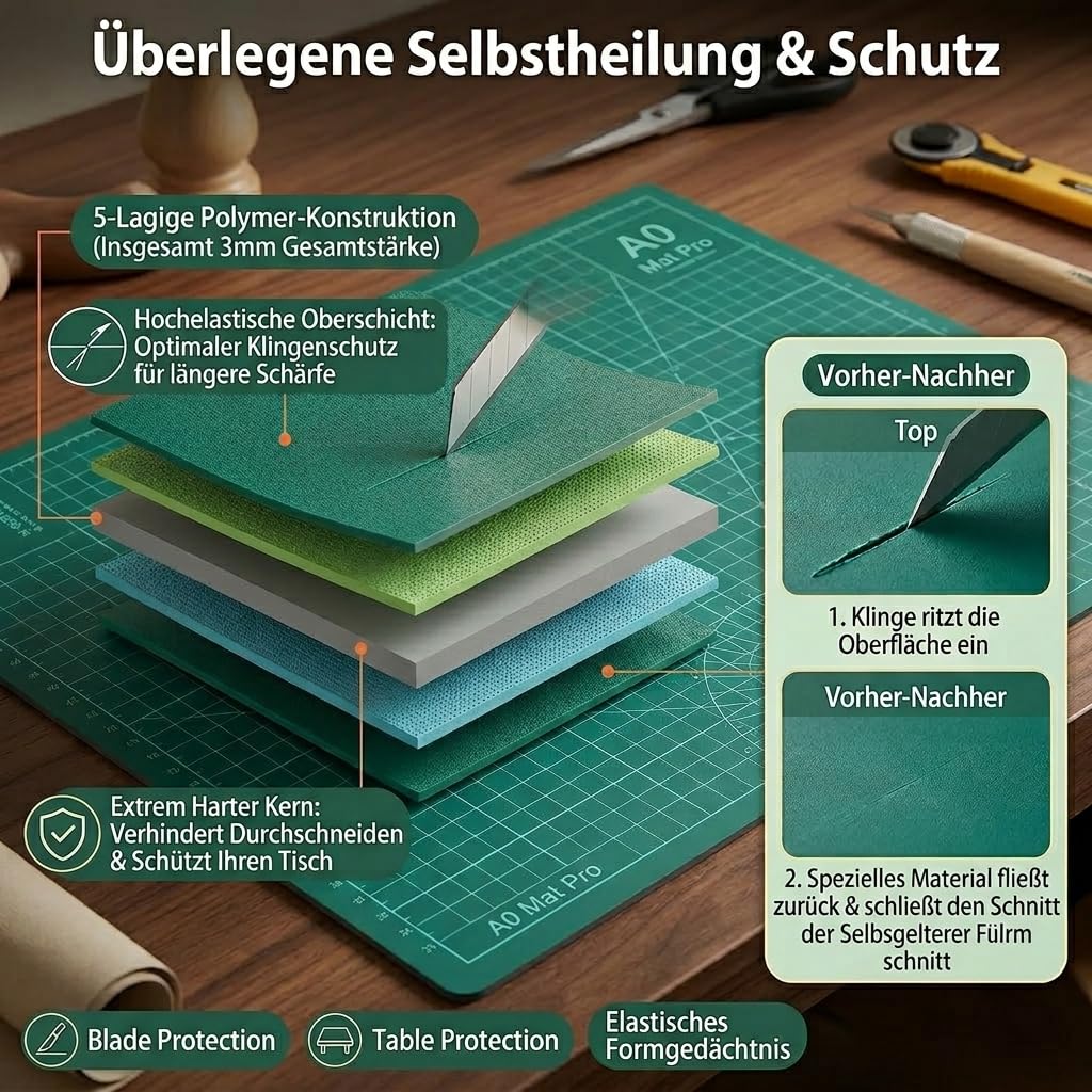 Schneidematte A0 Grün, 5-Lagige Selbstheilende, Bastelunterlage Schnittfest