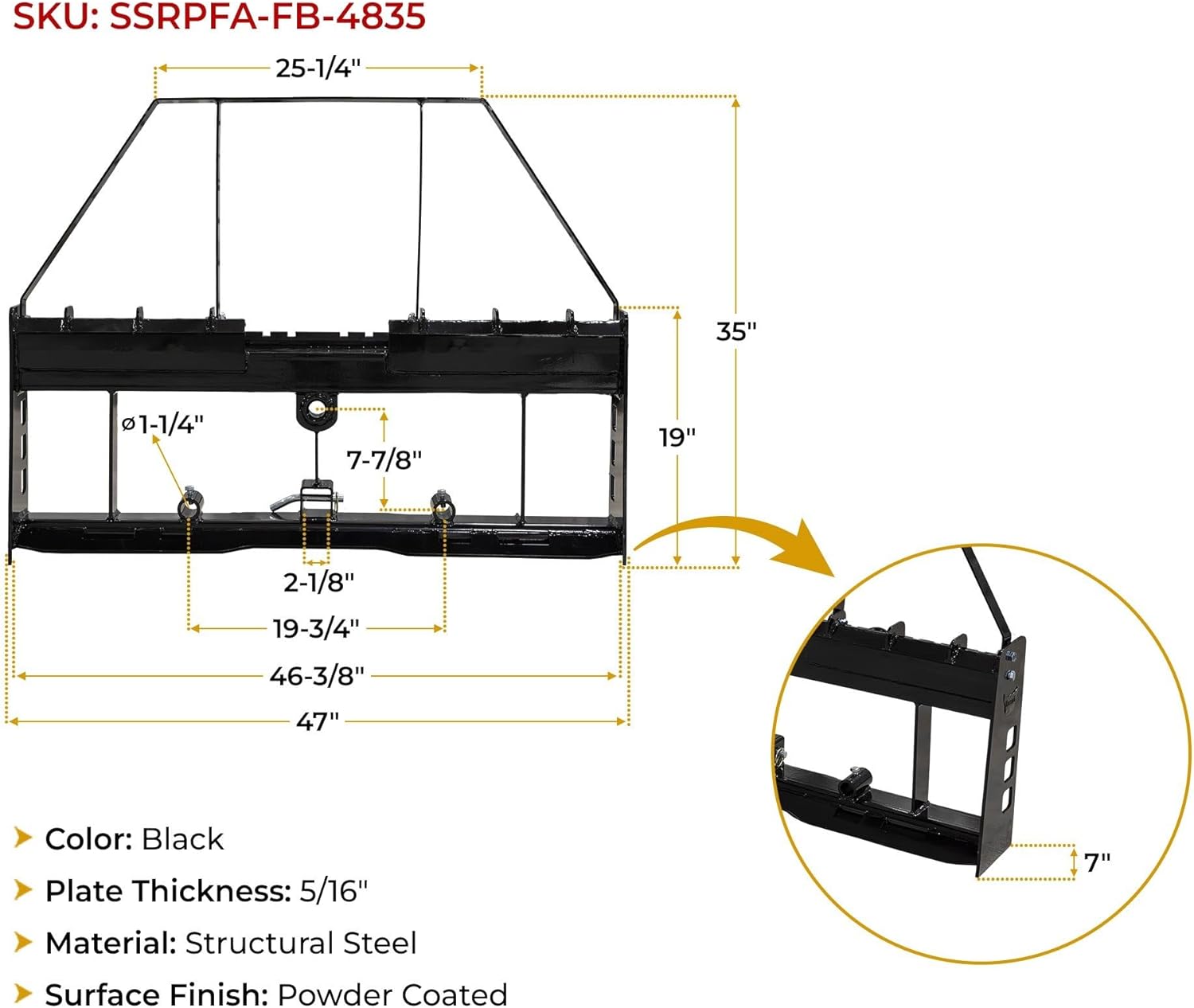 Mytee Products 47" Skid Steer Pallet Fork Frame Quick Attachment for Loaders, Quick Tach Tractor, and 48" Forks Blades - 4,000lbs WLL Black Coated Pallet Fork Compatible w/Hay Spear & Stabilizer Bar