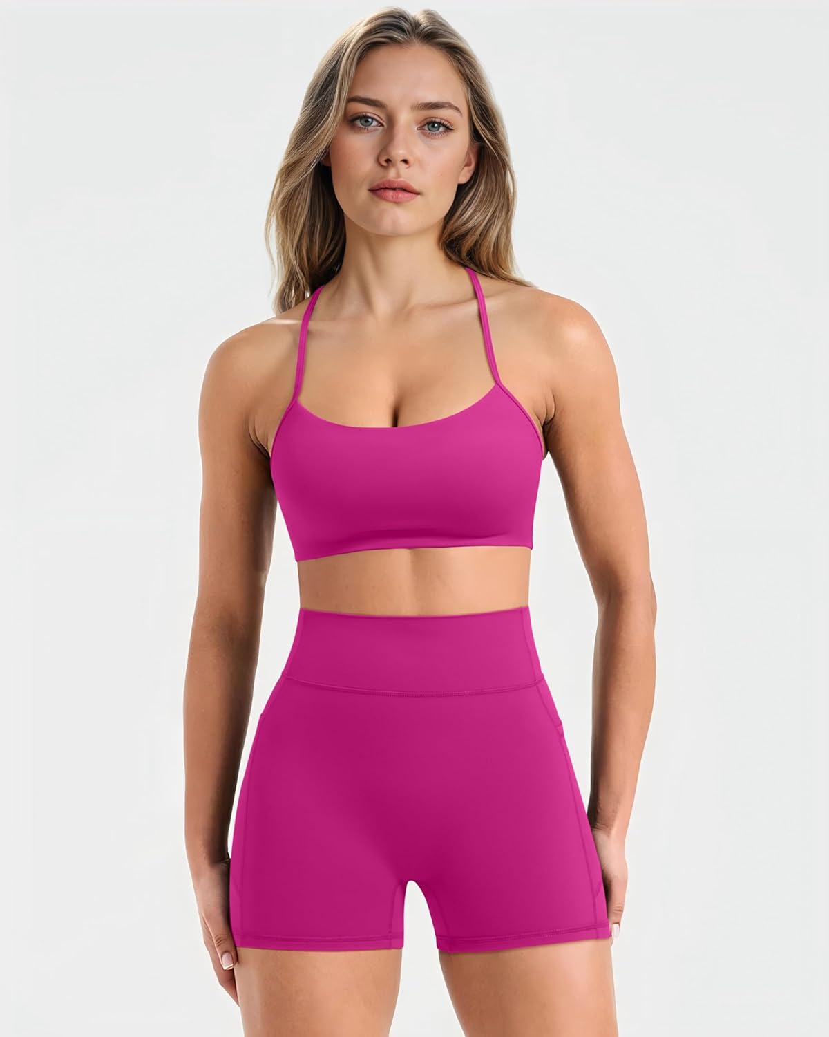 SUUKSESS Women 2 Piece Workout Sets Padded Halter Sports Bras High Waisted Biker Shorts with Pockets - Image 3