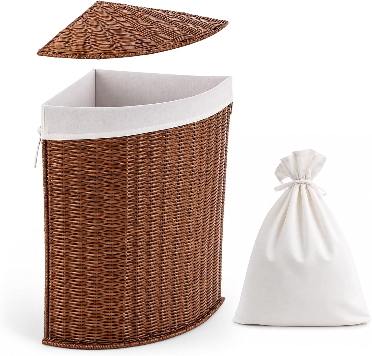 Corner Wicker Laundry Hamper with Lid and Removable Liner Corner Wicker Laundry Basket Washing Clothes Basket Storage Bin for Bedroom Bathroom