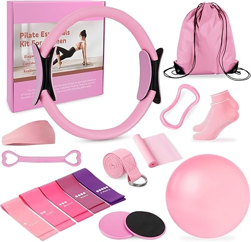Juego de anillos de pilates para mujer, kit de equipo de pilates para el hogar con anillo de pilates de 12.5 pulgadas, mini bola, 5 bandas de