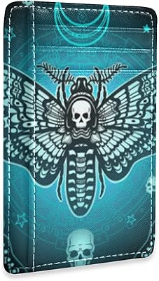 Blue Moth Dead Head, Mmystical Circle, Skull, Moon, Stars Occultism Slim Minimalist Wallet, Case Protector Covers for Men Women, Front Pocket RFID Blocking Leather Credit Card Holder
