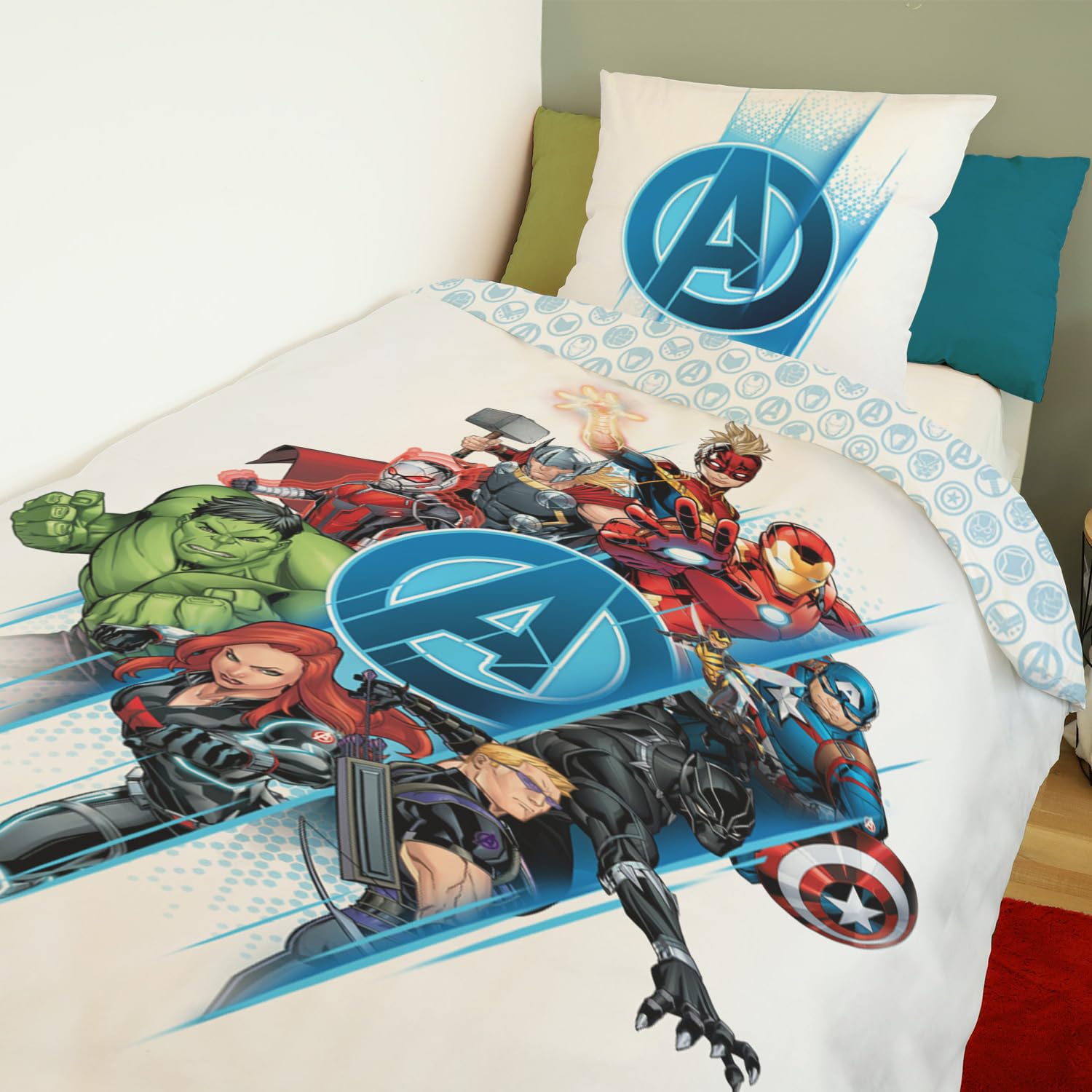 Marvel Avengers Team - Funda nórdica de 140 x 200 cm y 1 funda de almohada de 63 x 63 cm, 100% algodón, color blanco