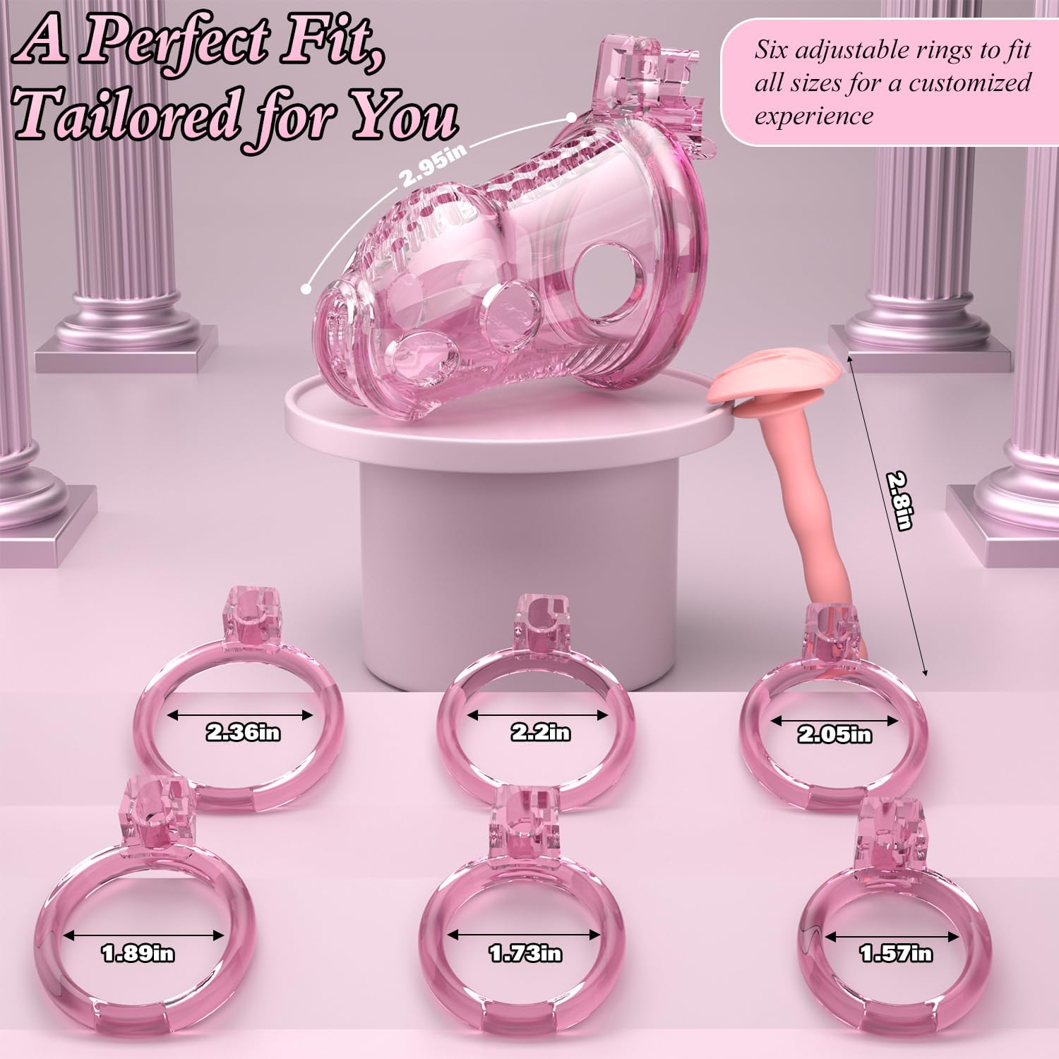 Male Chastity Cage - Lightweight Pink Penis Cage with Soft Plastic Front & 6 Sizes Rings, Comfortable Bondage Chastity Device for Men, Perfect for Long-Term Wear, Erection Control & Bondage Play