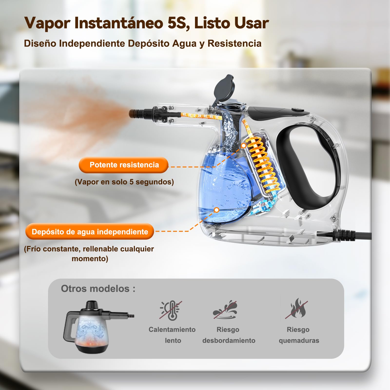 Vaporeta de Mano 400ML 10 Accesorios Calentamiento 5S 0.92kg Limpieza Hogar