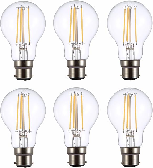 TEKLED® A60 Filament Vintage LED Bulbs | B22 Bayonet Cap | Energy Saving 6.5W Light Bulb 60W Equivalent | NONDIMMABLE Clear 2700K 806LM | 6-Pack | Warm White