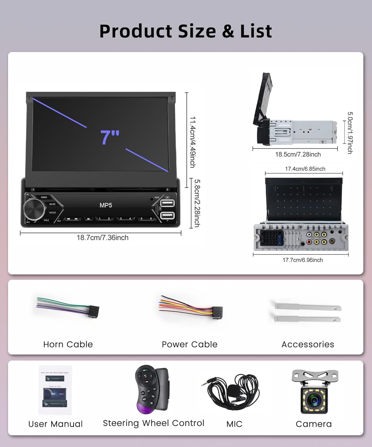 Single Din Wireless Carplay Car Stereo Flip Out Android Auto, Rimoody 7 Inch Touch Screen 1 DIN Car Radio with Bluetooth FM Radio Mirror Link Support TF/USB + Rear View Camera