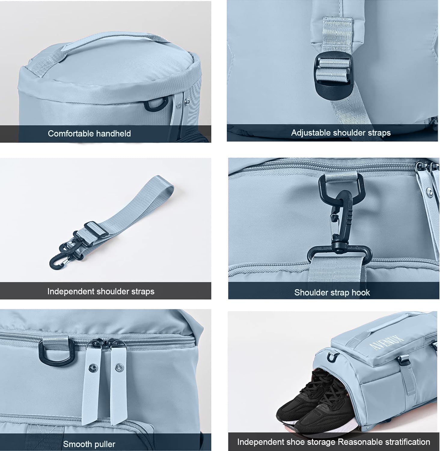 AVENUX 44L Polyester Gym Duffel Shoulder Bag for Women Men for Sports, Waterproof Dufflebag with Shoe and Wet Clothes Compartments Travel Backpack Workout Carry On Weekender (Light Blue) 5 71Mo2CjZ6bL. SL1500