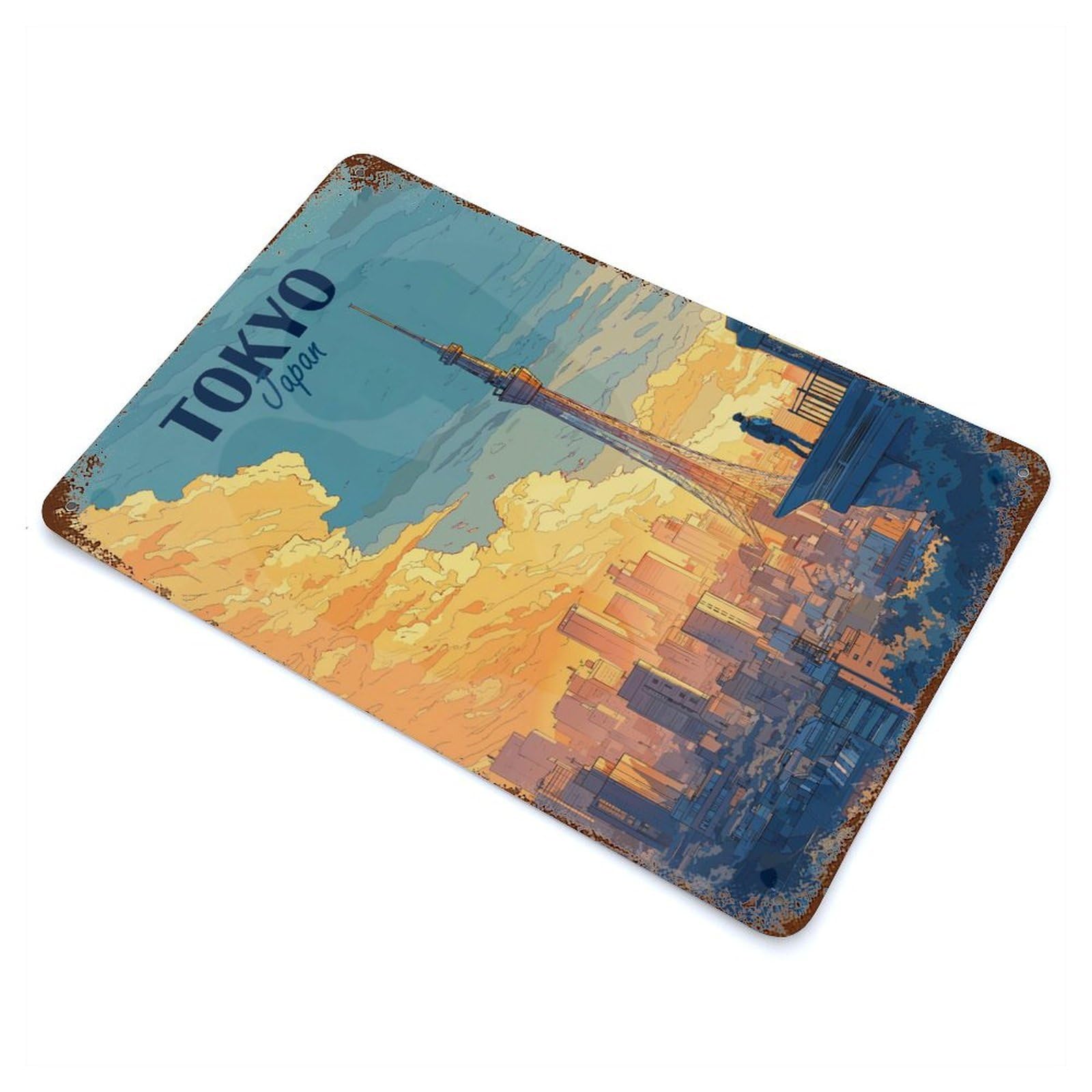Rust Effect Tokyo Japan Cityscape Vintage Metal Tin Sign 11.8"x7.9", Decorative Metal Wall Art for Office, Studio And Wall Decor