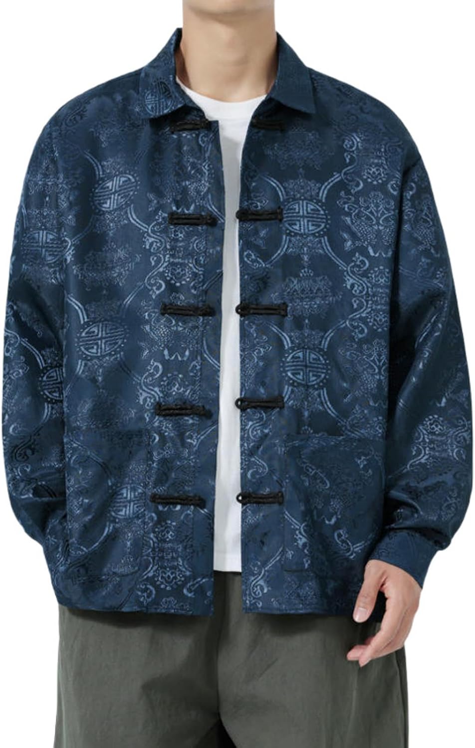 Men's Jacquard Long Sleeve Lapel Shirt Chinese Style Loose Fit Casual Wear