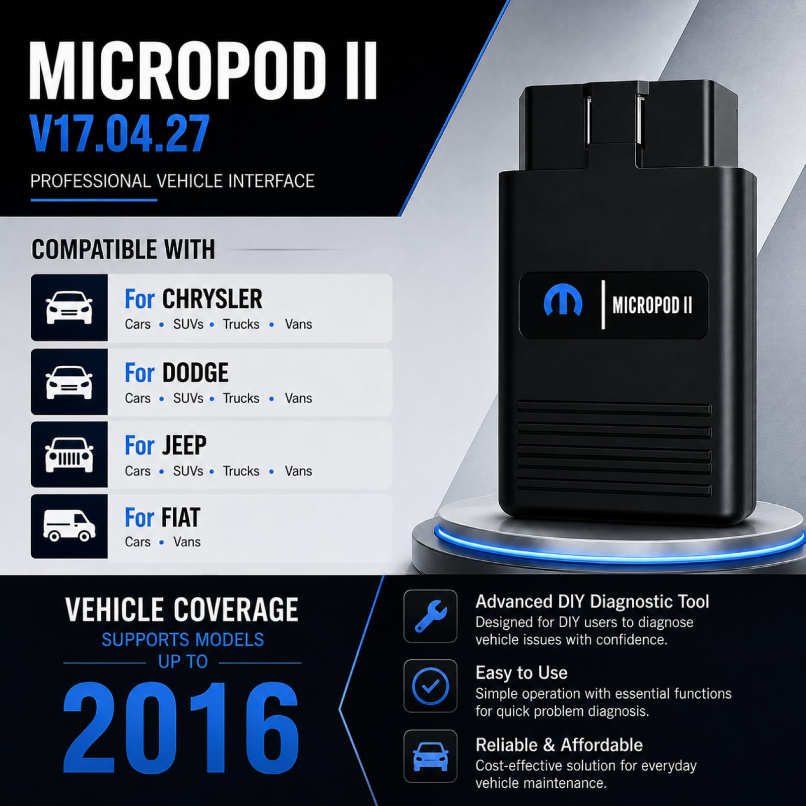 MicroPod 2, strumento diagnostico e programmazione per Jeep Dodge Chrysler Fiat, scanner completo con supporto DRBIII, compatibile con veicoli 1998-2016, V17.04.27