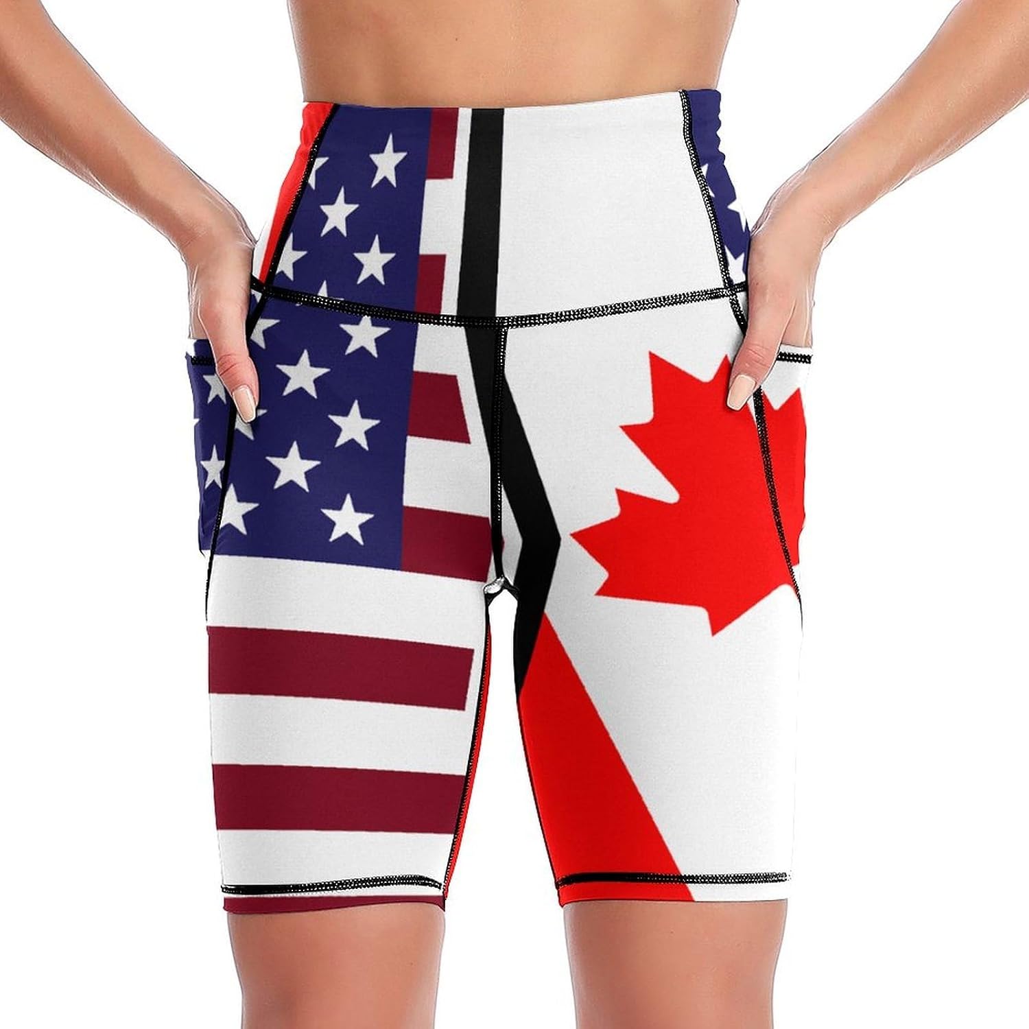 Americans-and-Canadian Flag Biker Shorts Women Knee Length Yoga Short Pants Workout Gym Running Leggings