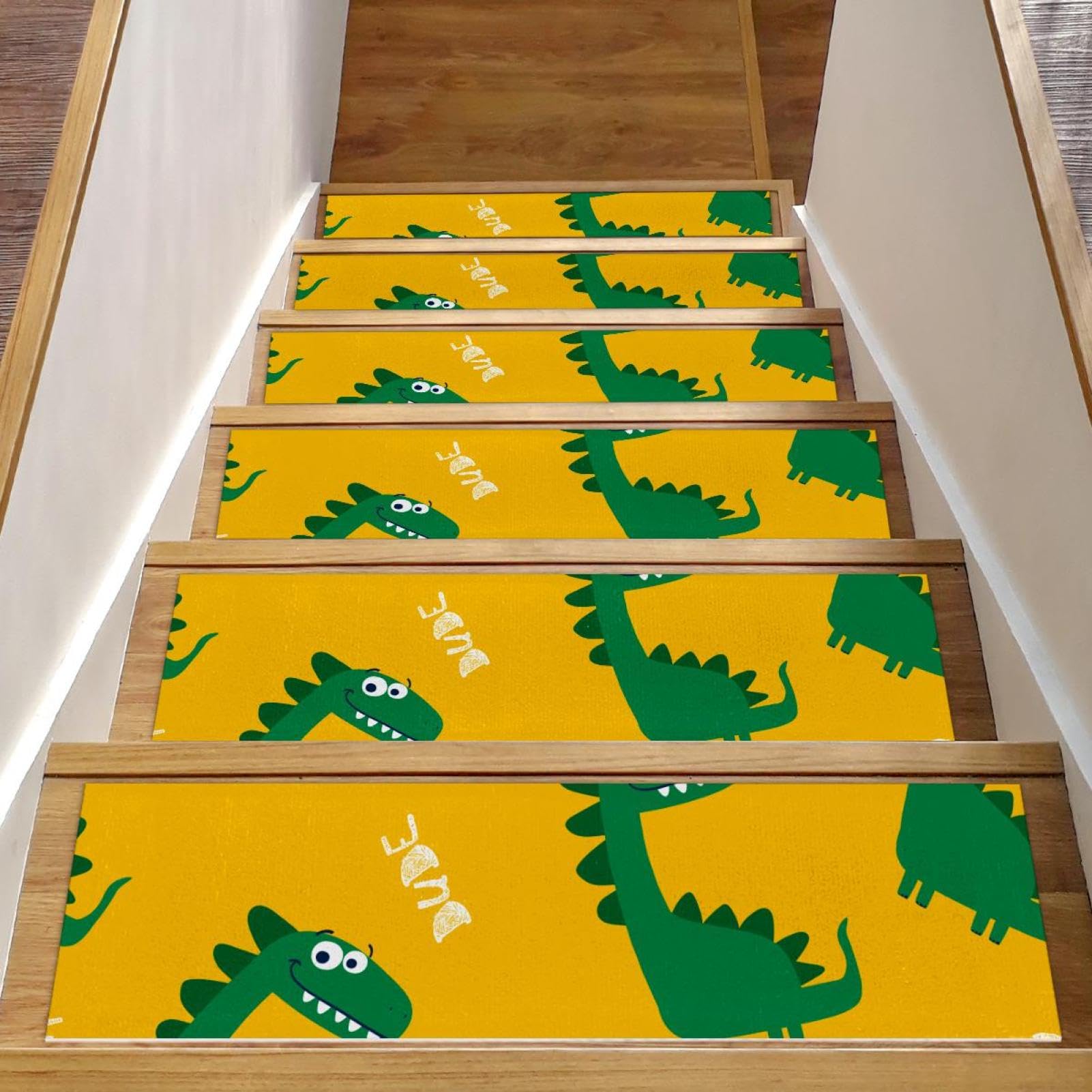 Alfombras para escaleras interiores antideslizantes, pack de 15 alfombrillas amarillas de dinosaurio