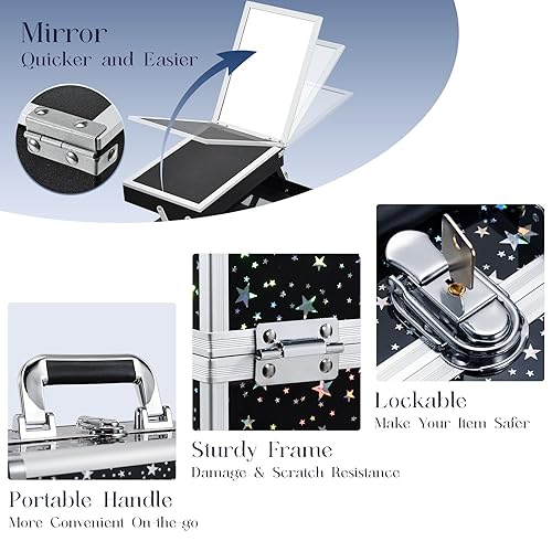 Vista 13 de Joligrace Estuche organizador de maquillaje, caja de maquillaje portátil para cosméticos, estuche de almacenamiento duro con 2 bandejas de bloqueo