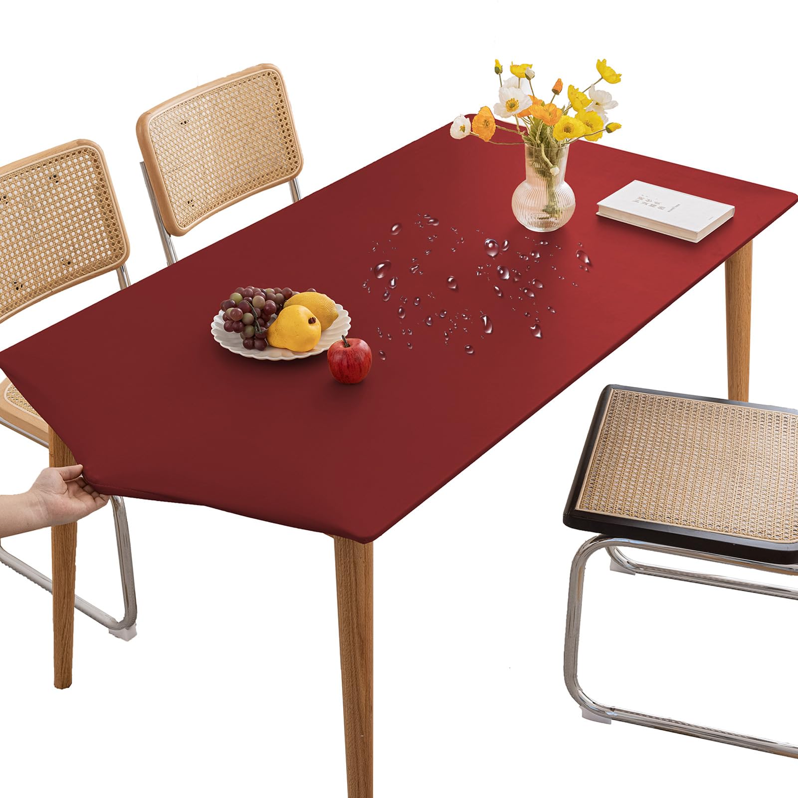 Thdsubb Tablecloth Leather Waterproof Tablecover Elastic Edged Fitted Table Protector Cover Wipeable for Home Picnic Party (Dark Red,80x120cm)