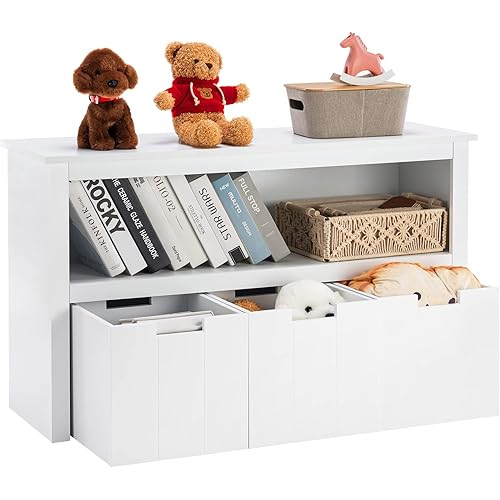 APICIZON Kids Toy Storage Cabinet with 3 Drawers Hidden Wheel, Organizer and Bookshelf, Kids Bookcase Bins for Playing Room, Bedroom, Nursery, Classroom, White