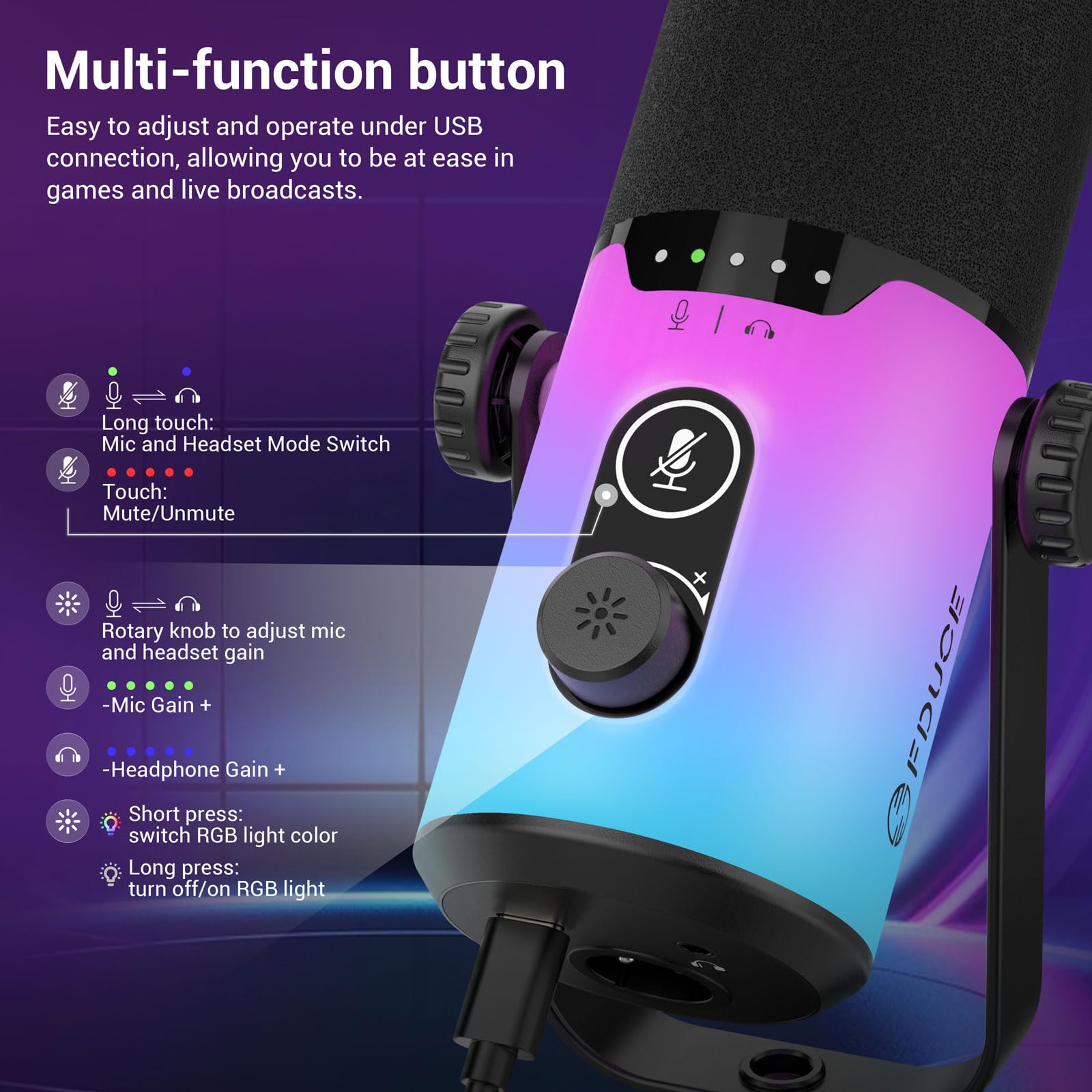 FDUCE Dynamiczny mikrofon gamingowy USB/XLR do nagrywania podcastów, do gier komputerowych, strumieniowych, ze światłem RGB, przyciskiem wyciszenia, pokrętłem wzmocnienia, gniazdem słuchawkowym, ze