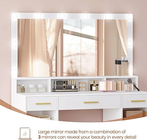 HEXCELEN Dressing Table with Large Mirror, Vanity Desk with Mirror LED, 3 Light Colors, Makeup Desk, 3 Drawers, 2 Storage Cabinets, 5 Open Compartments, 40 × 108 × 140 cm, for Bedroom, White