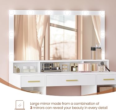 HEXCELEN Dressing Table with Large Mirror, Vanity Desk with Mirror LED, 3 Light Colors, Makeup Desk, 3 Drawers, 2 Storage Cabinets, 5 Open Compartments, 40 × 108 × 140 cm, for Bedroom, White