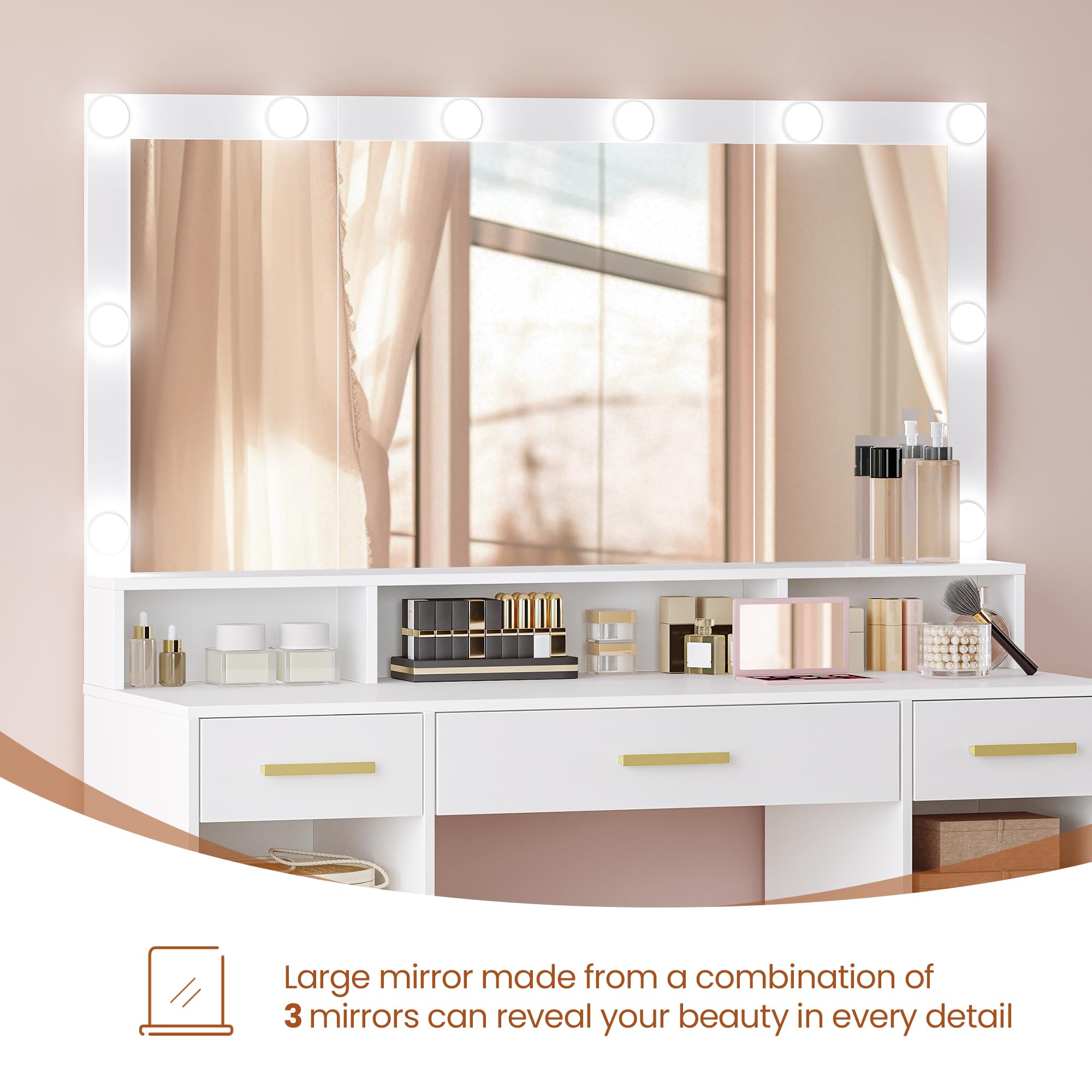 HEXCELEN 108cm Tocador de Maquillaje con Espejo Grande, Blanco
