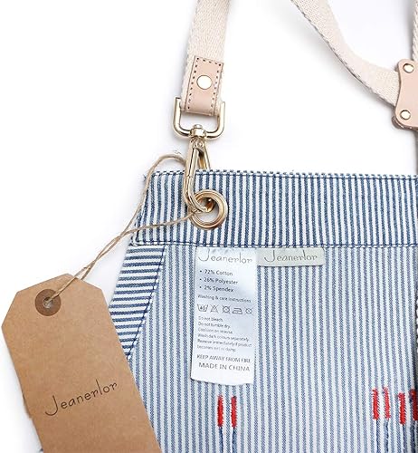 Miniatura 5 de Jeanerlor Delantales de mezclilla a rayas azules para mujeres y hombres, delantal de mezclilla con espalda cruzada, cuello ajustable, unisex, con 4