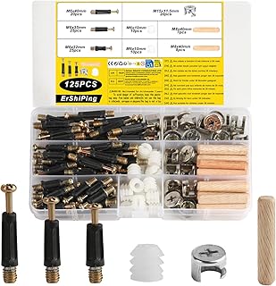 125 Pcs 3 in 1 Excentrique Connecteur Meubles, Comprenant Boulons Raccords de Came Connecteur de Meuble, Goujons &agrave; Visser Chevilles en Bois,&eacute;crous Boulon Connexion de Panneaux pour Placard Armoires