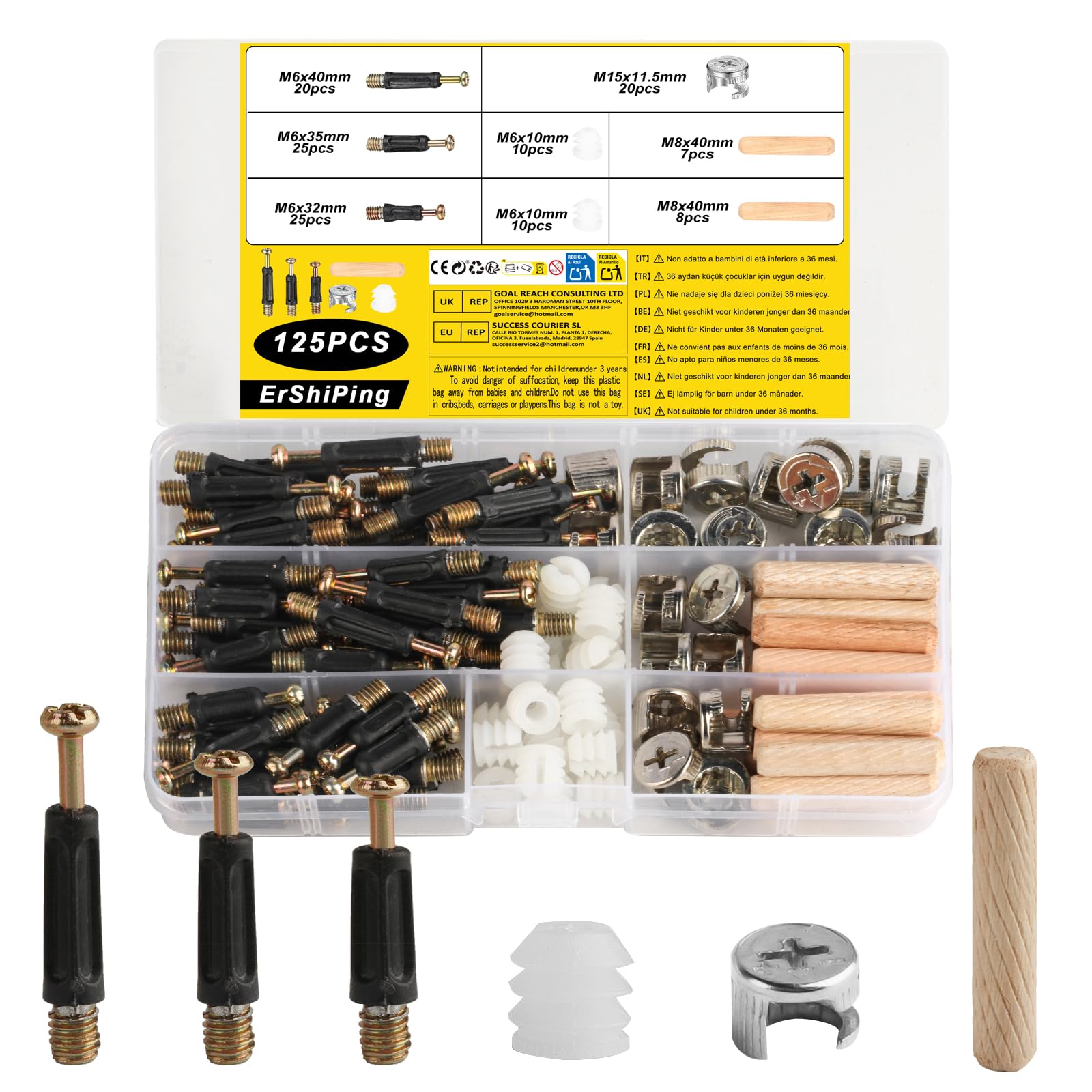 125 Pcs 3-in-1 Furniture Connector Hardware Fixings Set, Furniture Cam Lock Screws & Wood Dowel Screws & Eccentric Cam Lock Bolts Pre Inserted Nuts for Table Cabinets Wardrobe Connection Kit