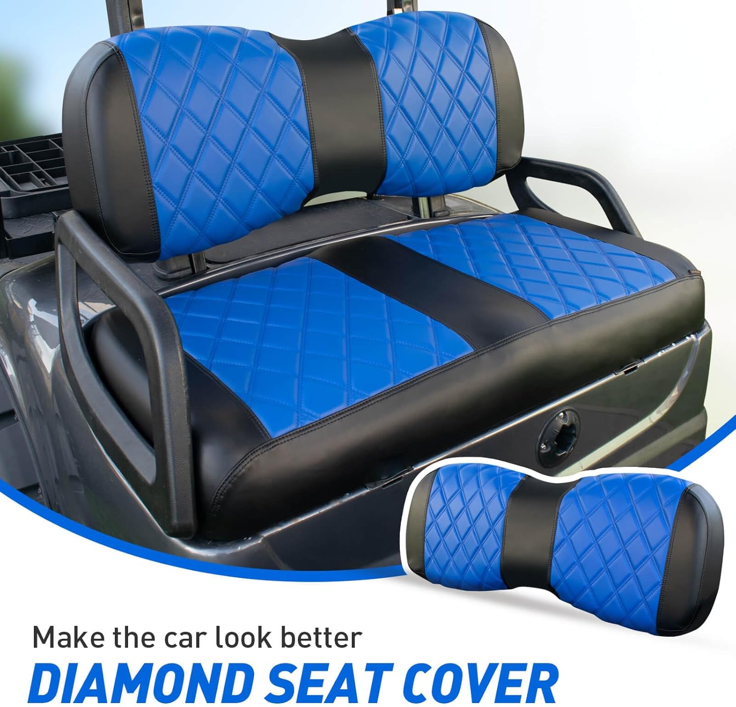 NOKINS Golf Cart Diamond Seat Covers Kit, Fit for Yamaha Drive/Drive 2 OEM Standard Front Seat Cushion, Golf Cart Vinyl Seat Cover, No Nails Required (Blue and Black)
