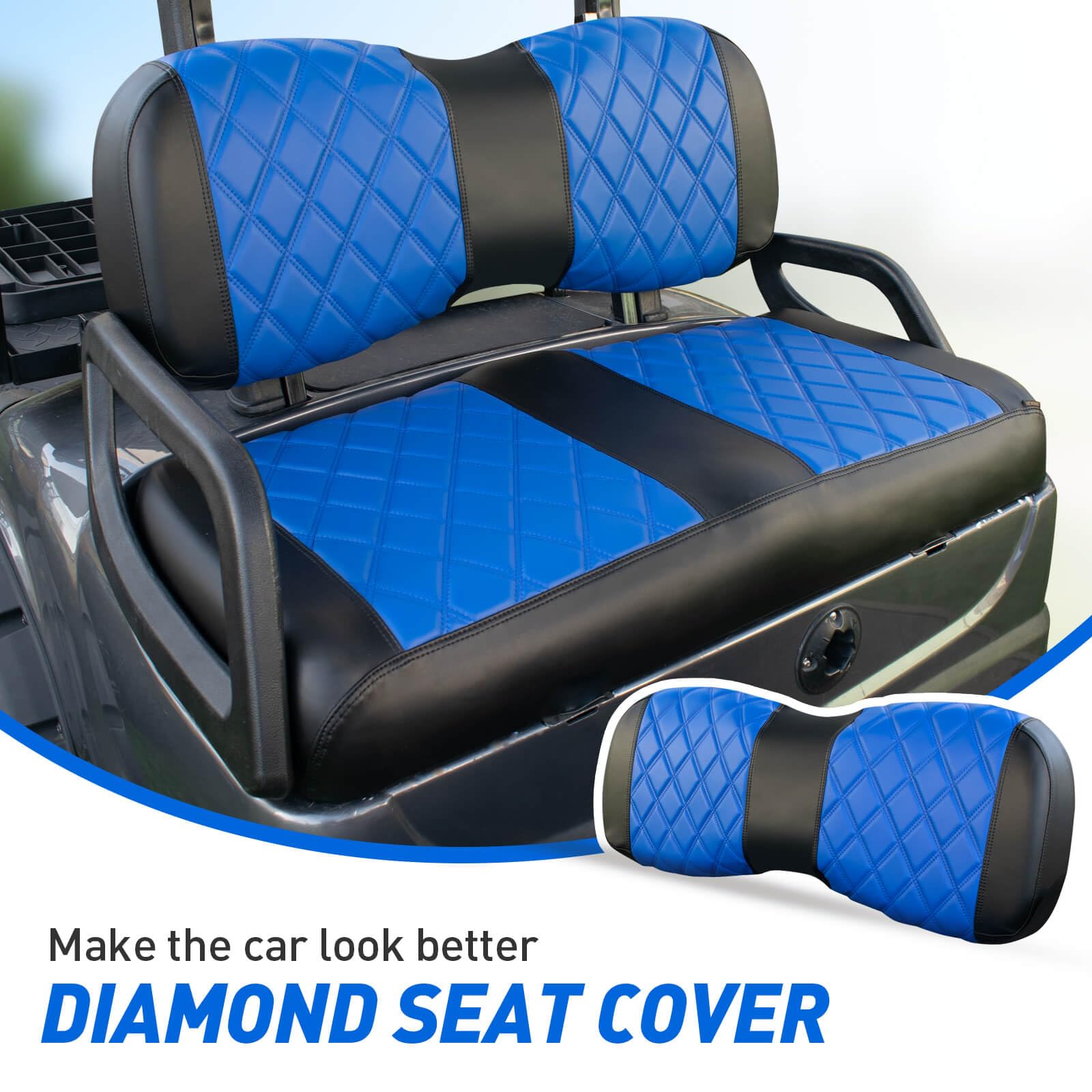 NOKINS Golf Cart Diamond Seat Covers Kit, Fit for Yamaha Drive/Drive 2 OEM Standard Front Seat Cushion, Golf Cart Vinyl Seat Cover, No Nails Required (Blue and Black)