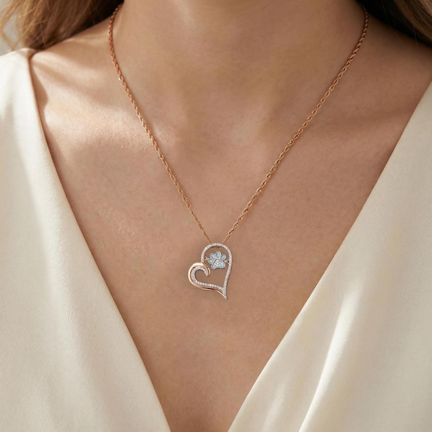 AFFY Paw Print Dog Cat Heart Pendant Necklace, 925 Sterling Silver & 10K Solid Gold Natural Diamond, Two Tone Heart Necklace for Pet Lovers, Elegant Silver Gift for Her