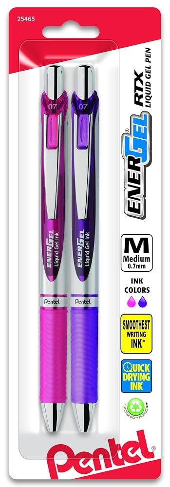 Pentel EnerGel RTX Retractable Liquid Gel Pen, Medium Line, Metal Tip, Pink/Violet Ink, 2-Pack (BL77BP2PV)