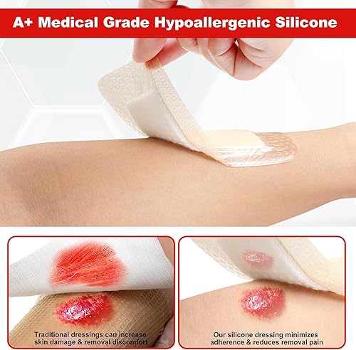 Miniatura 4 de FRESINIDER Paquete de 10 apósitos de espuma de silicona para heridas de 2" x 5" - Vendajes adhesivos impermeables con bordes - Súper absorbentes y