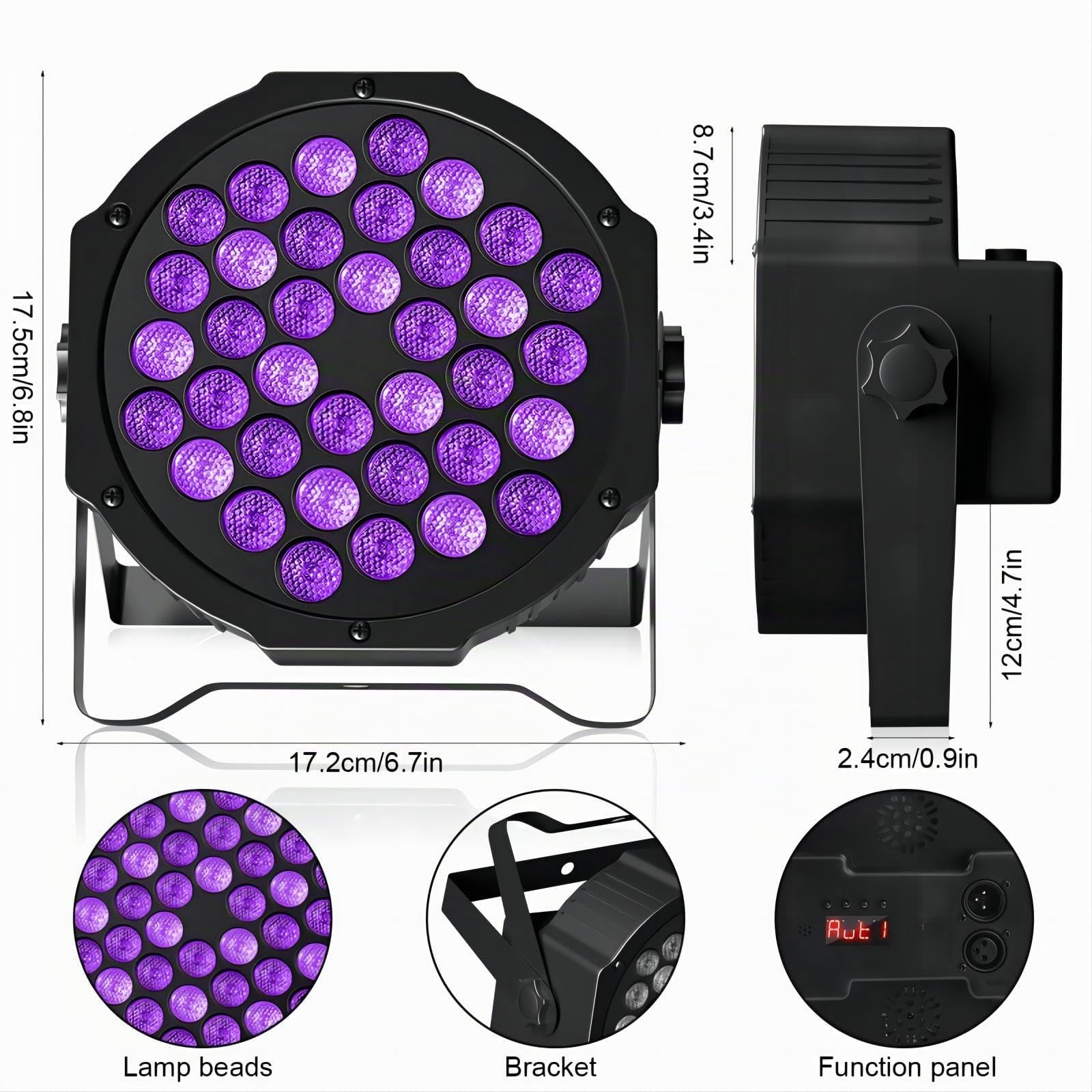 UKing 4pcs 72W Lumière Noire UV 36 LED Par avec Télécommande et Contrôle DMX, UV Lampe de Scène pour Halloween Noël Soirée Body Painting Affiches Maquillage Peinture