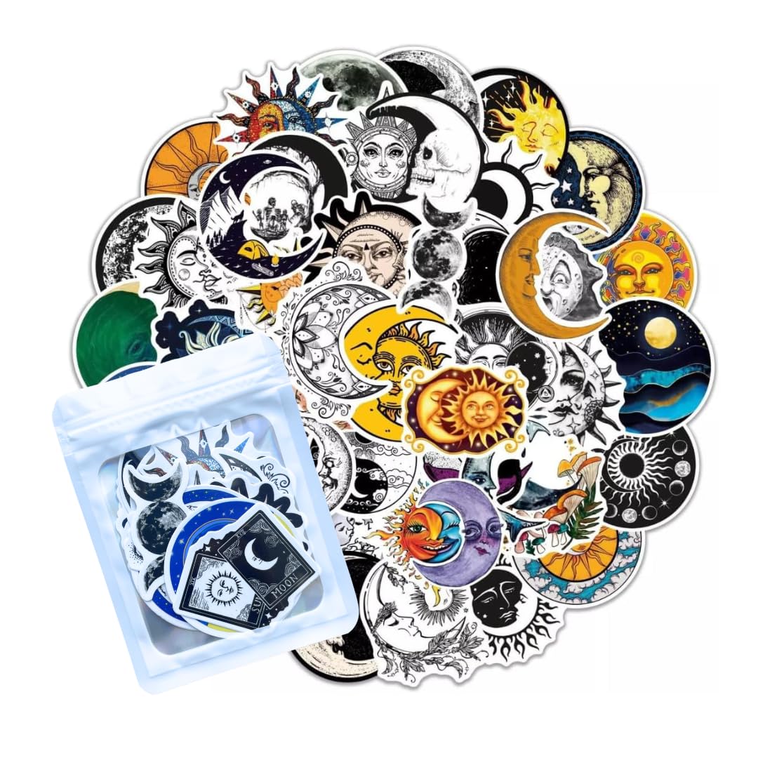 HNTR® Sun and Moon Stickers | 50 Celestial Stickers | Yin Yang Astrology Sticker Pack for Journals, Books & Scrapbooks