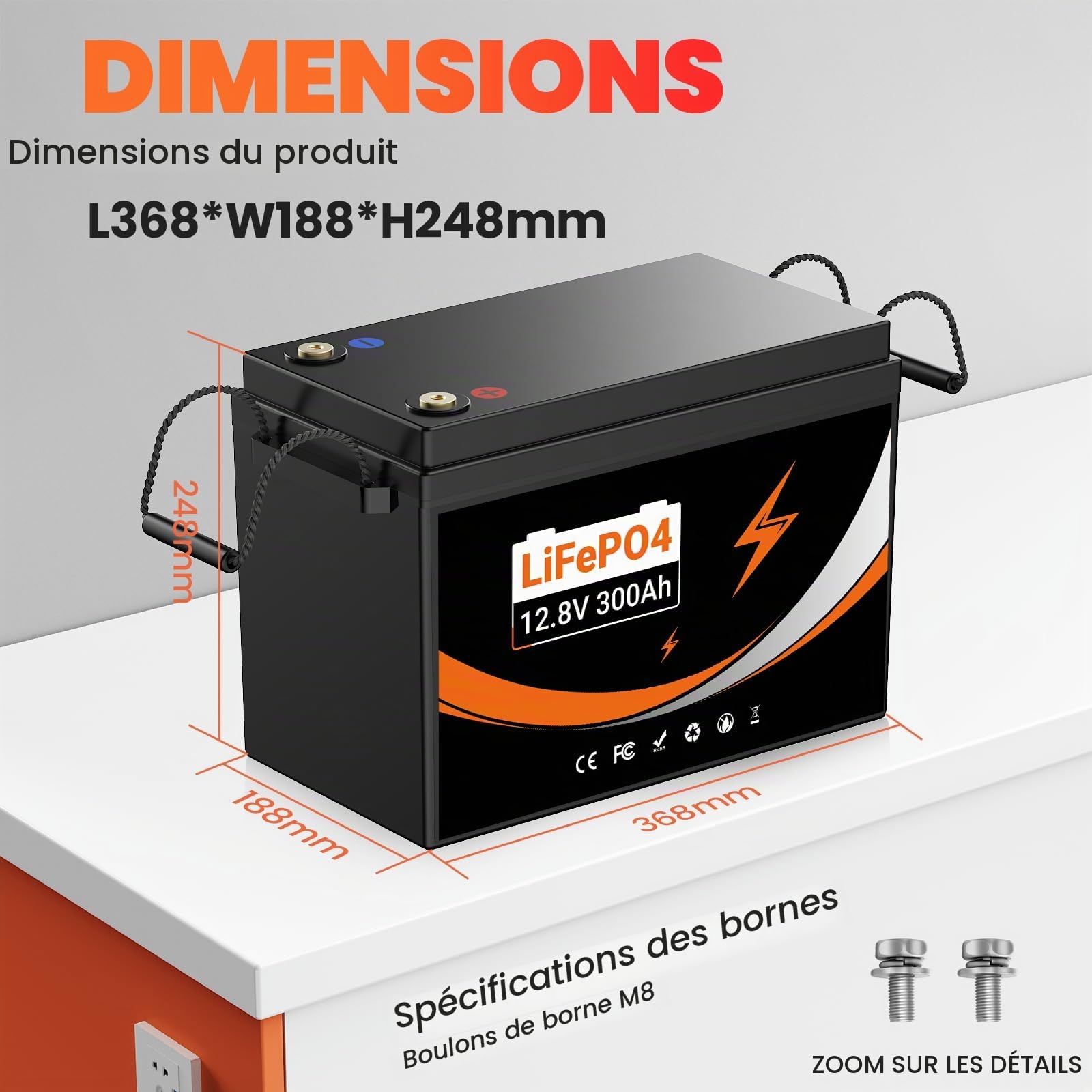 Batterie Lithium 12V(12.8V) 300Ah, Batterie LiFePO4 Rechargeable avec BMS 200A, 3840Wh, Pour Camping Car, Système Off-Grid, Bateau, Caravane, Solaire