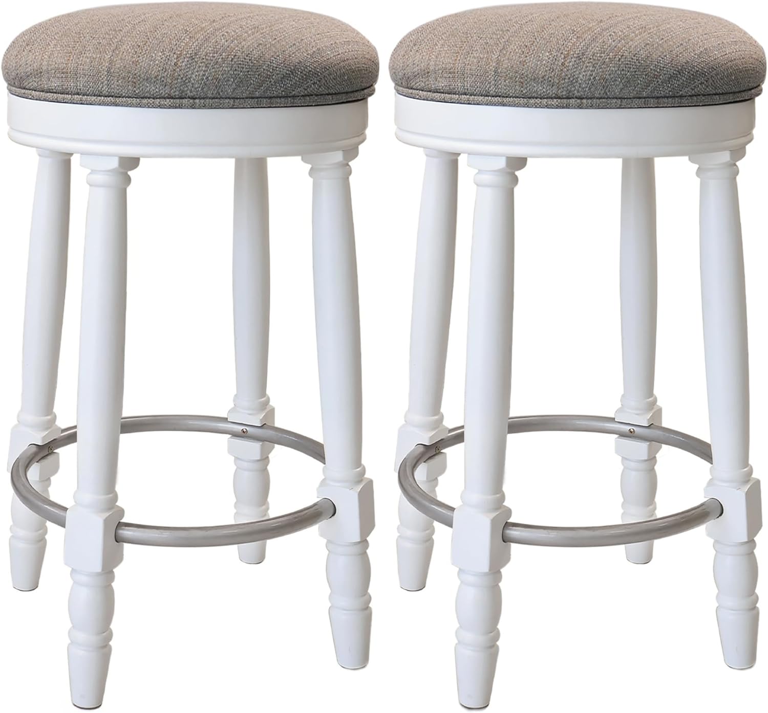 360°Swivel Bar Stools Set of 2, 26" Counter Height Upholstered Rubberwood Backless Bar Chairs with Footrest, Retro Kitchen Counter Stools for Kitchen Island Dining Room Home Bar (White+Fabric)