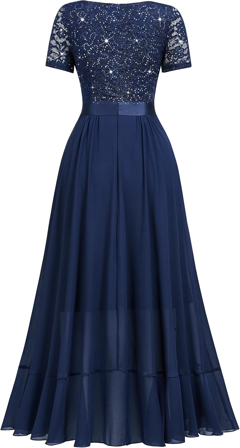 Miusol Women's Elegant V Neck Contrast Sequin Lace Chiffon Ruffle Split Evening Party Dress - Image 6