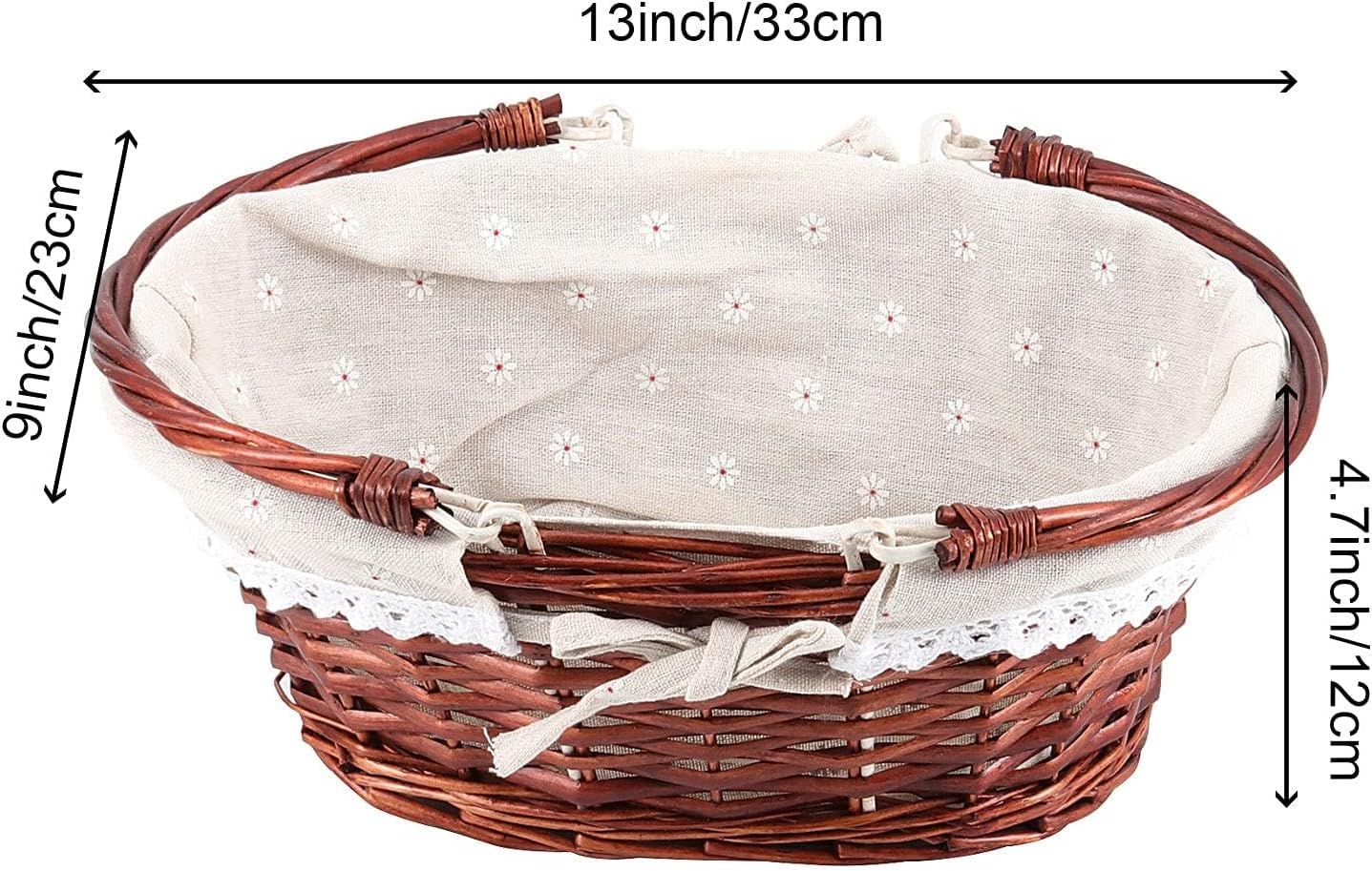 2 Pack Brown Wicker Woven Basket with Handle, Oval Willow Woven Picnic Basket with Cotton Cloth Lining