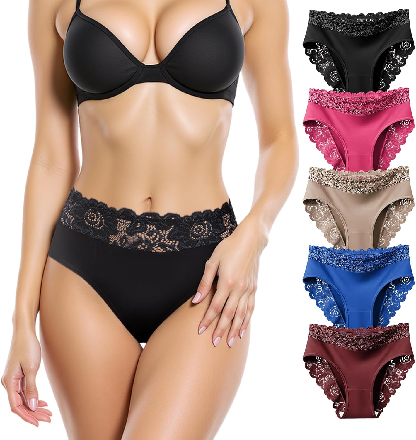 Womens Underwear, Patchwork Lace Breathable Briefs Soft Comfy Stretch Cheeky Panties for Ladies