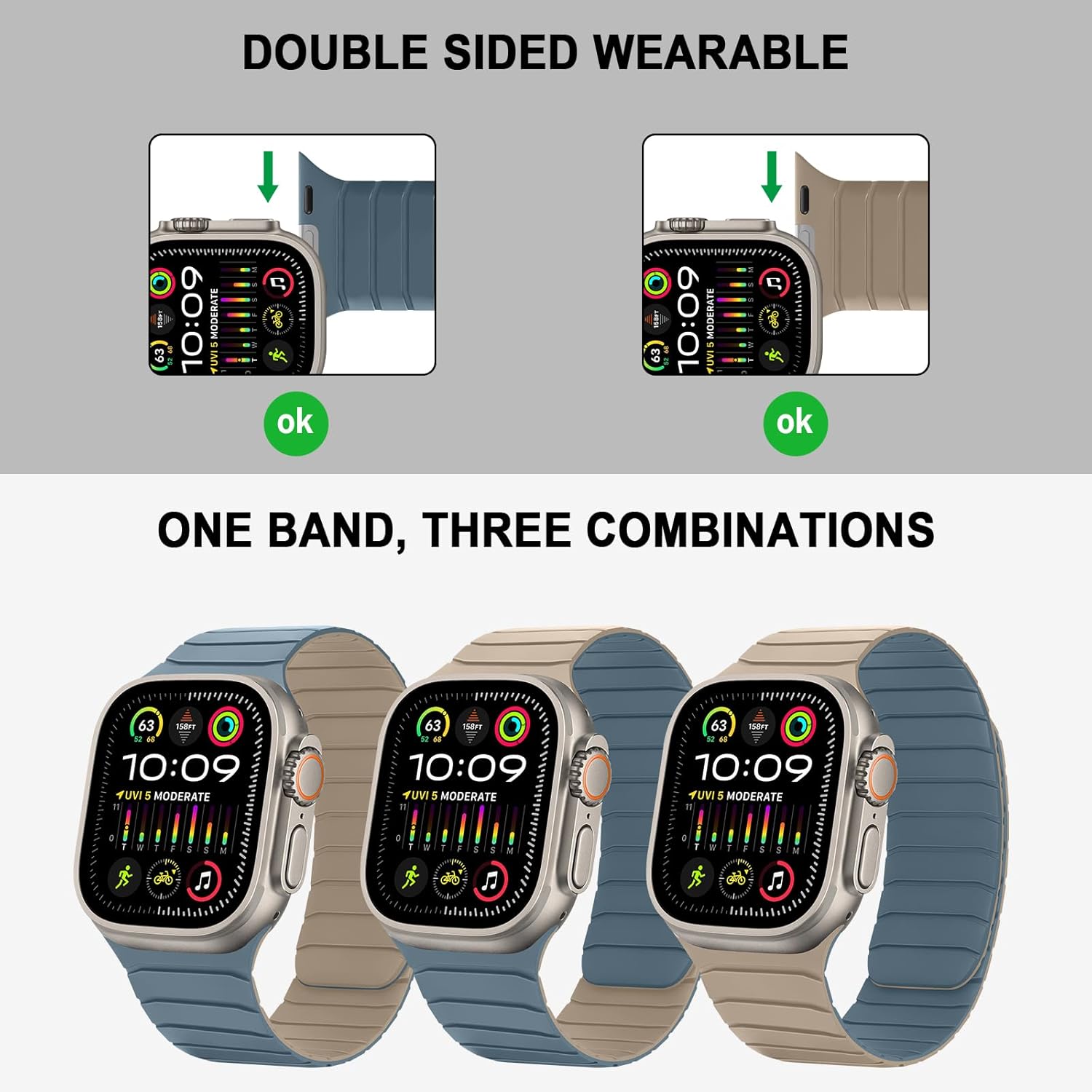 Tasikar Double Sided Wearable Magnetic Band Compatible with Apple Watch 49mm 46mm 45mm 44mm 42mm, Soft Silicone Sport Strap Loop for iWatch Ultra 3 2 1 SE Series 11 10 9 8 7 6 5 4 3 2 1, Sky Blue Apricot - Image 3