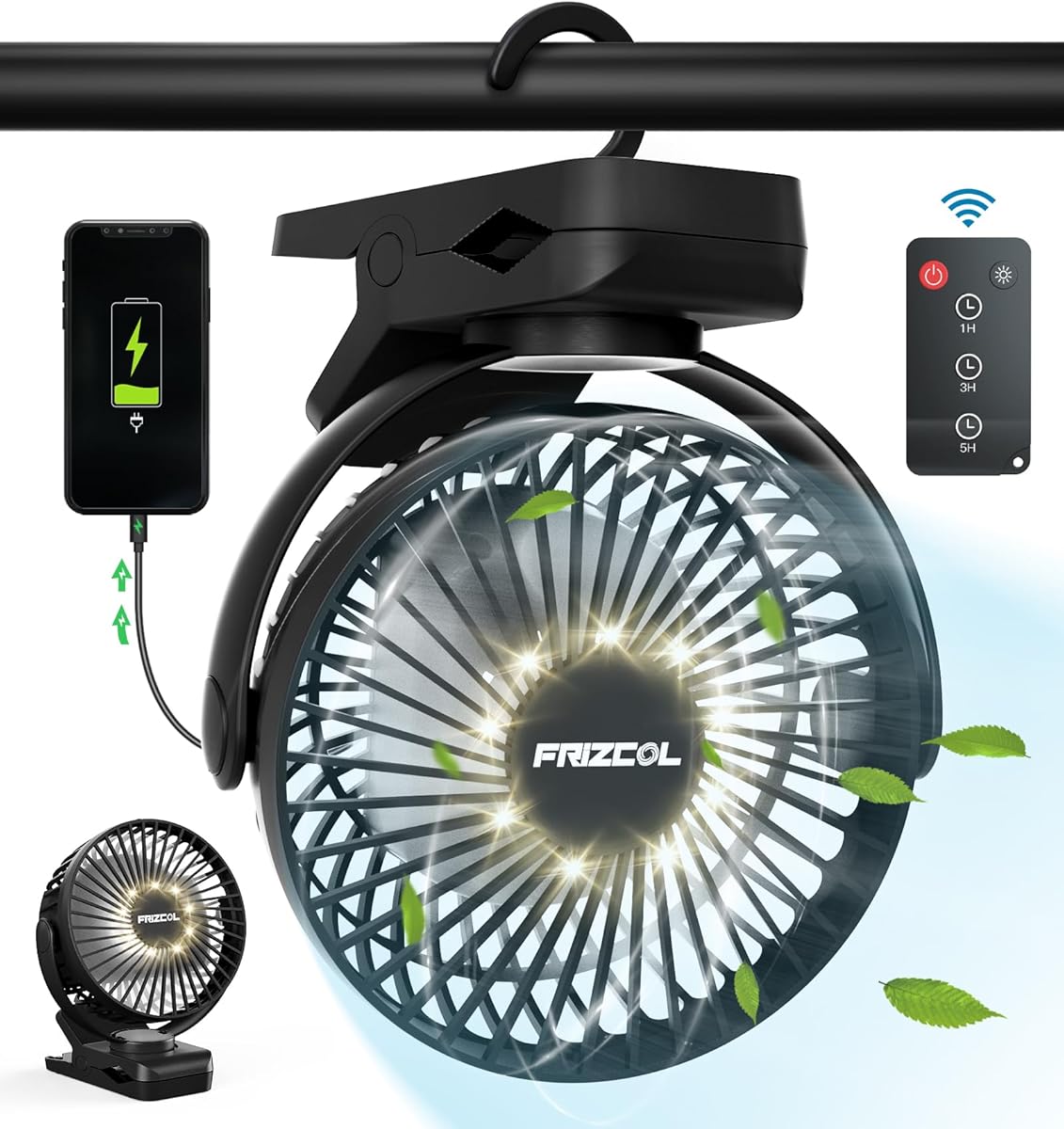 Portable Clip on Fan 65 Working Hours, Camping Fan with LED Lights & Hook, 12000 Capacity Battery Operated Fan with Clamp, USB Rechargeable for Desk, Tent, Treadmill, Stroller, Golf Cart, Home
