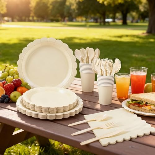 Miniatura 5 de 176 platos y servilletas color marfil, platos festoneados beige, servilletas, vasos, cubiertos, mantel para baby shower, boda, decoración de fiesta