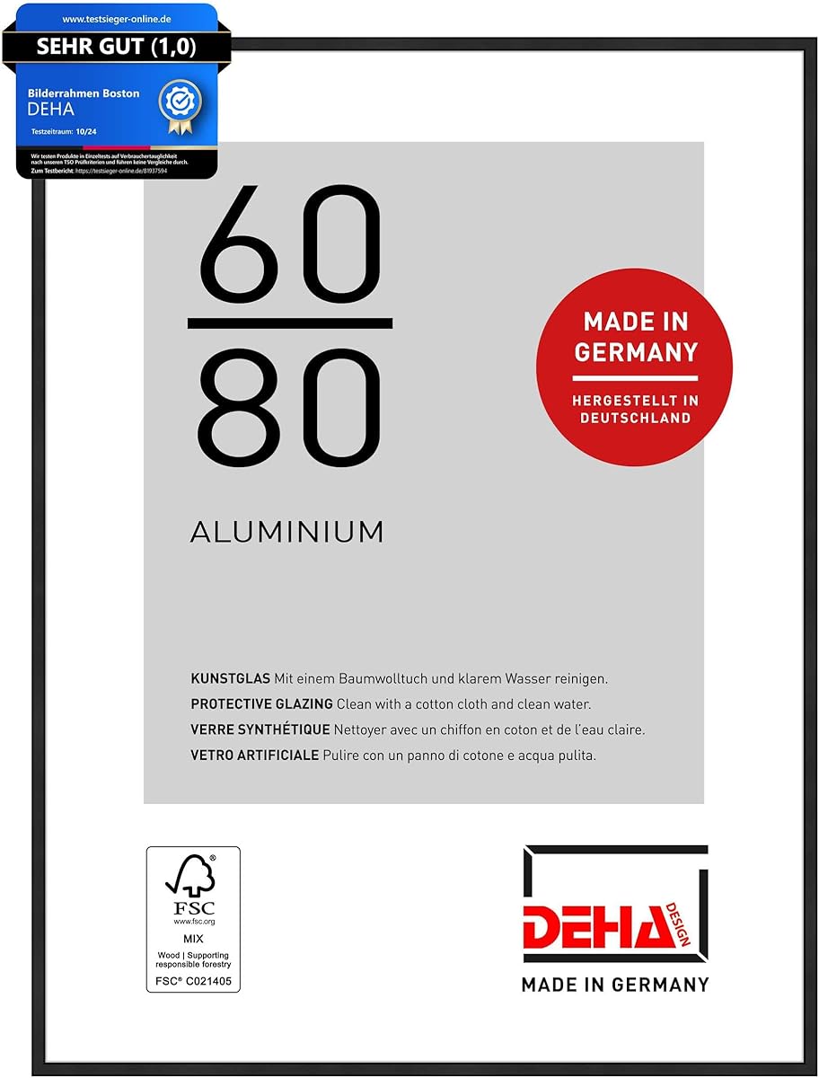 DEHA Design Bilderrahmen, 60 x 80 cm, Aluminium, Schwarz matt, Posterrahmen zum Aufhängen im Hoch- & Querformat, bruchsicheres Kunstglas, Boston