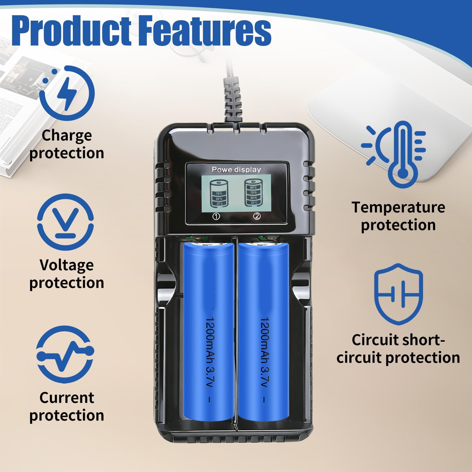 Cargador Pilas Recargables Inteligente con Pantalla LCD, Carga Rapida y Segura para Bateria 18650 26650 14500 16340, Cargador de Pilas Universal Independiente de 2 Ranuras para Li-Ion 3.7V Ni-MH — view 4