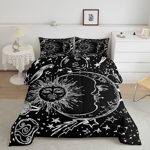 Feelyou Juego de ropa de cama de sol y luna, juego de edredón de estilo bohemio para niños y niñas, edredón de galaxia cósmica celestial, juego de