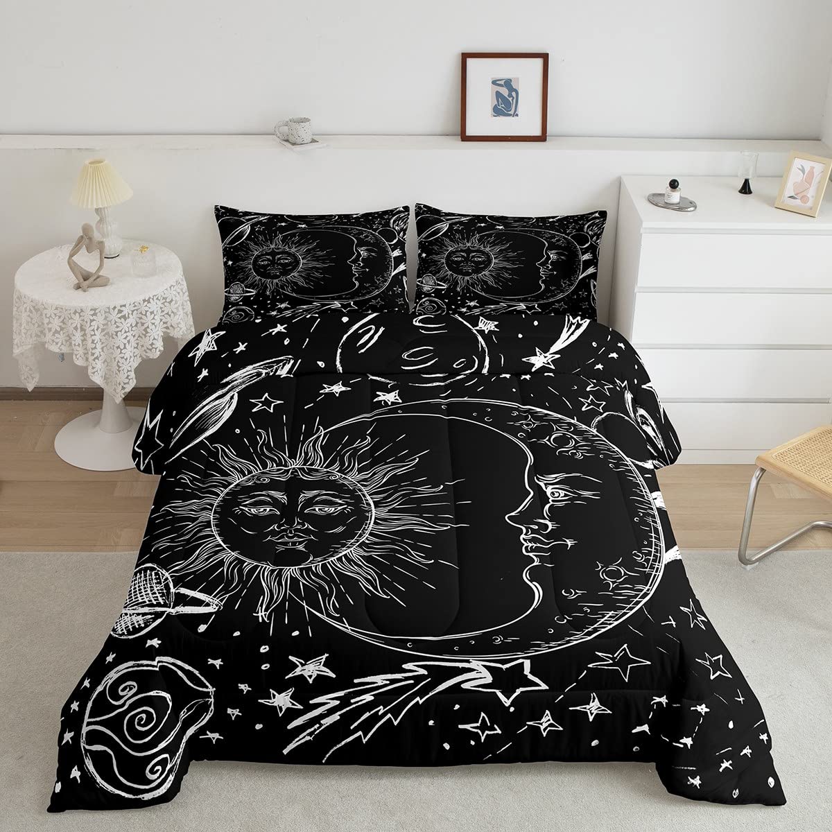 Sun and Moon Bedding Set Bohemian Style for Kids Boys Girls Galaxy Cosmic Celestial Duvet Insert King Size